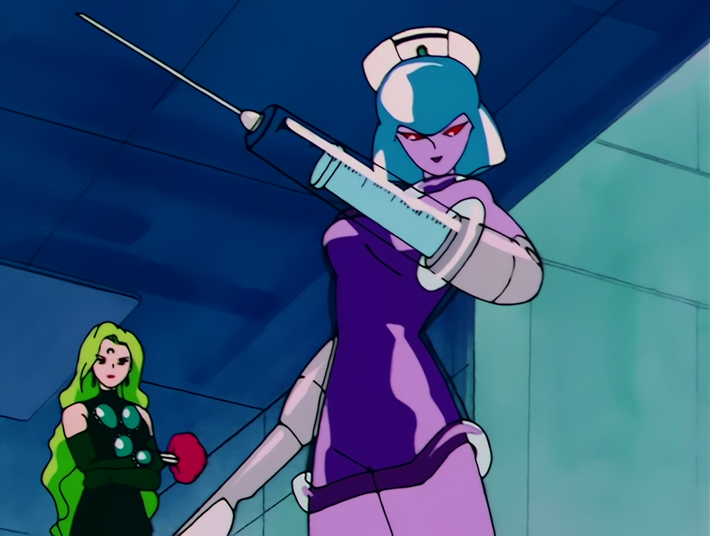 Pharmakon, a Droid from Sailor Moon episode 78. Do you like robot girls? If so, then you’re in luck, because she looks to be completely synthetic. She has lilac skin, red eyes and molded blue hair, and she wears a kind of translucent purple dress and a white nurse’s hat. One arm is a giant syringe, and the other is a giant scalpel.